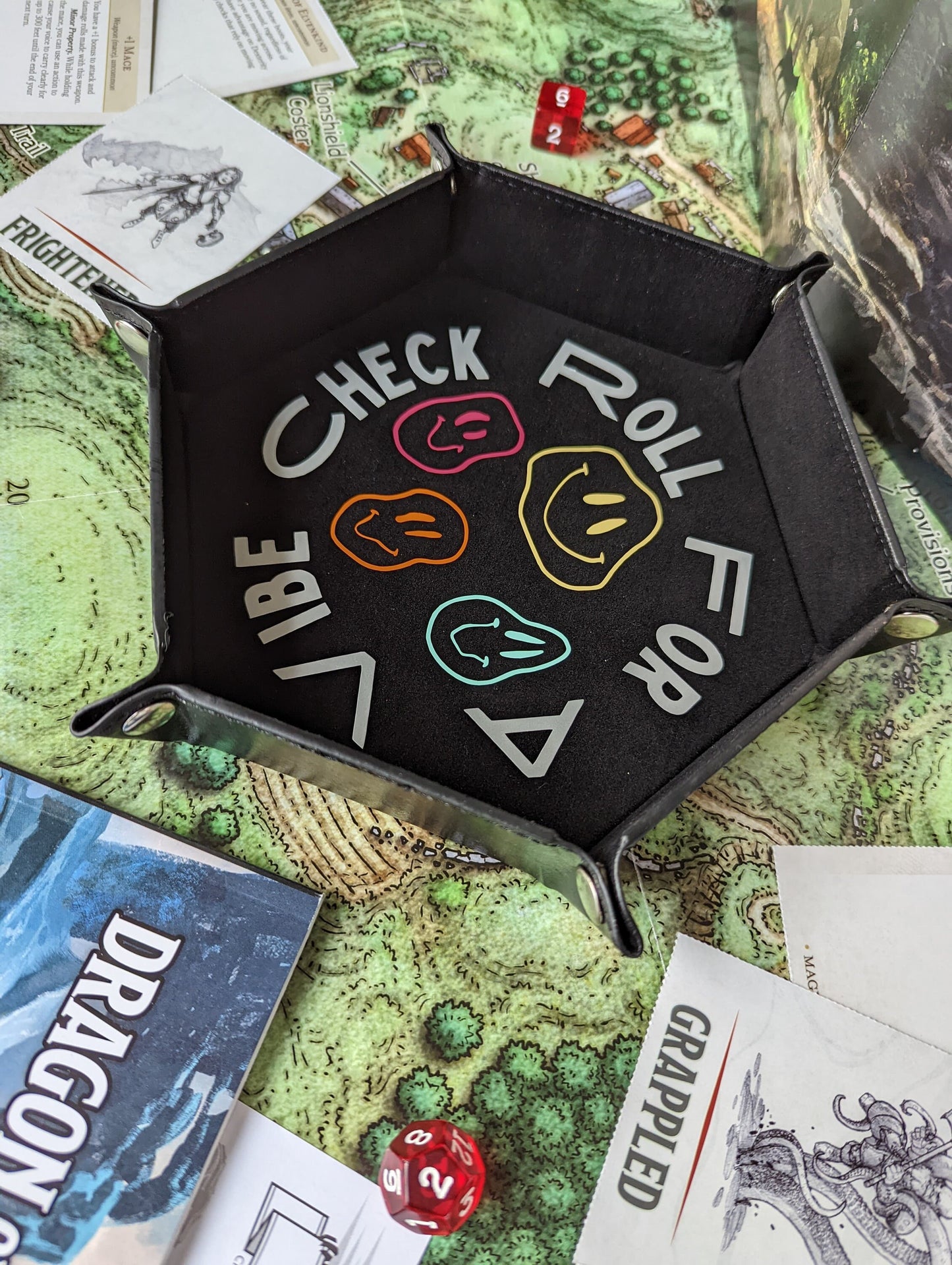 Roll For A Vibe Check Warped Smiley RPG Collapsible Dice Rolling Tray