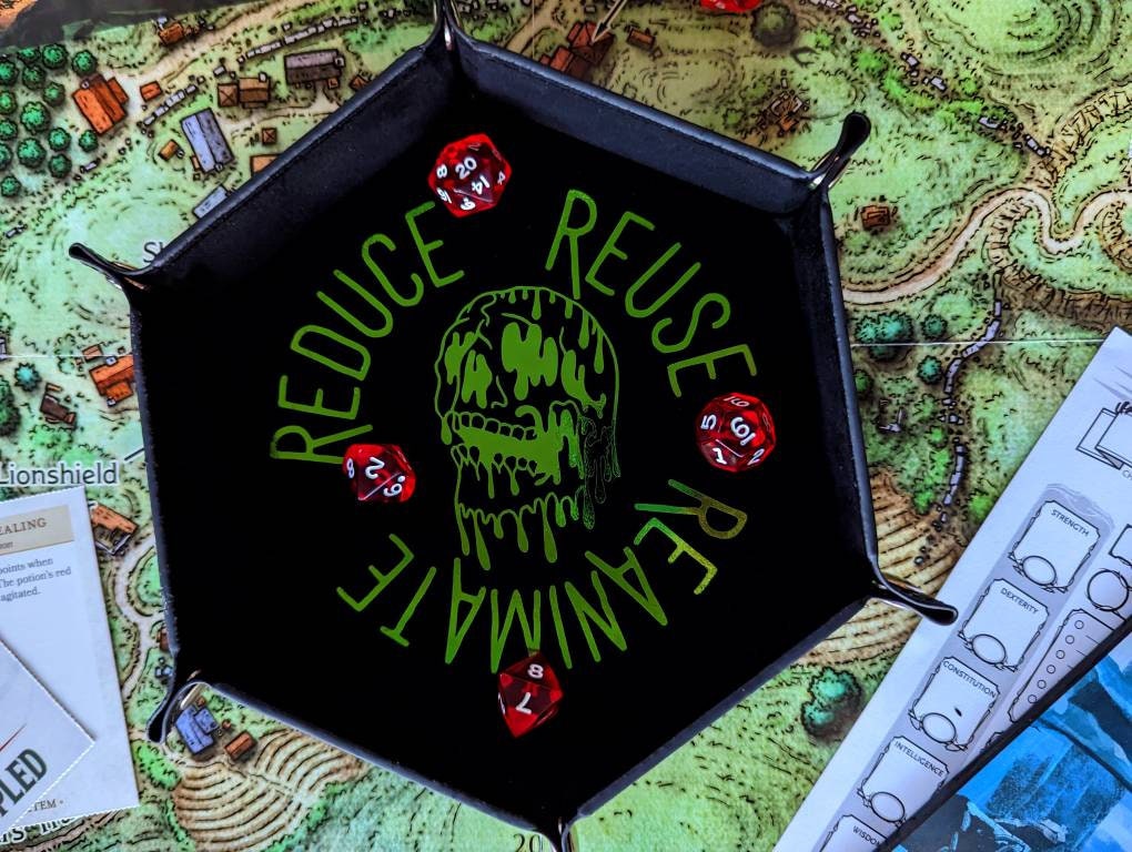 Reduce Reuse Reanimate Foiled Green Skull Warlock Class DND RPG Dice Rolling Collapsible Tray