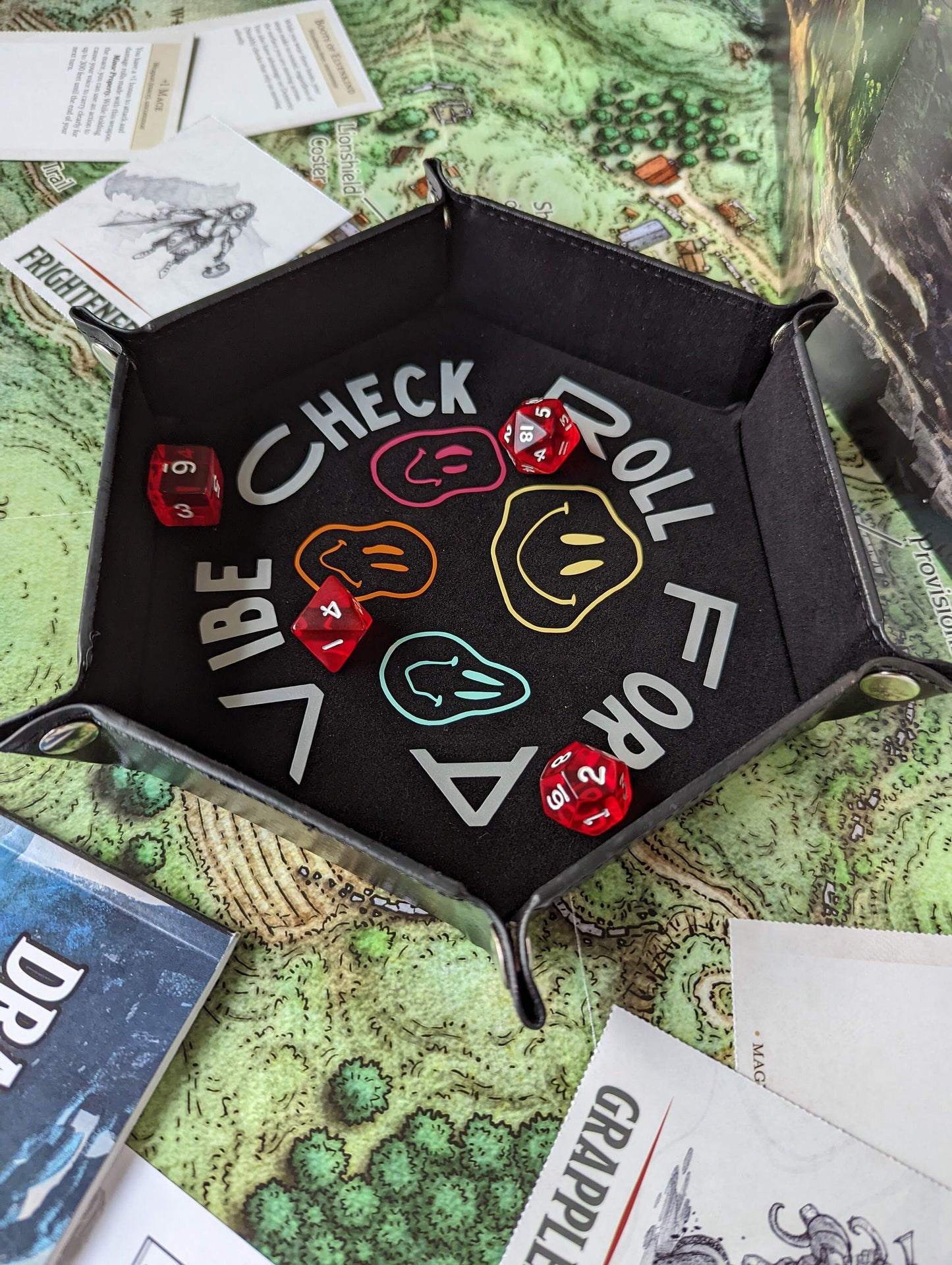 Roll For A Vibe Check Warped Smiley RPG Collapsible Dice Rolling Tray