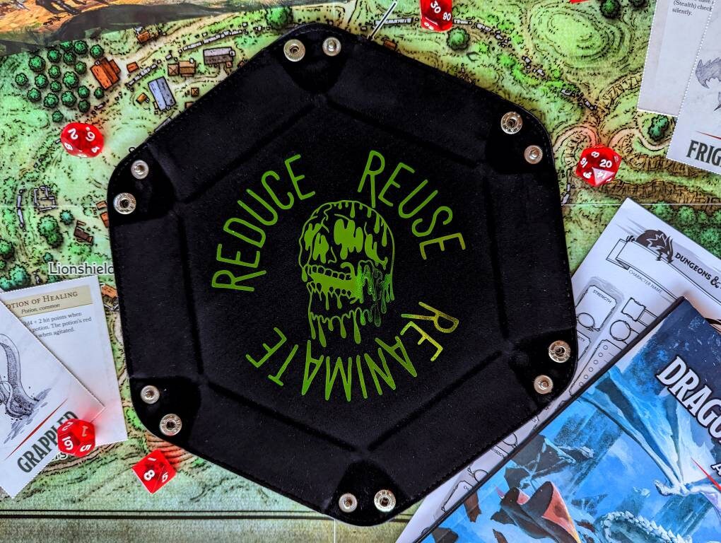 Reduce Reuse Reanimate Foiled Green Skull Warlock Class DND RPG Dice Rolling Collapsible Tray